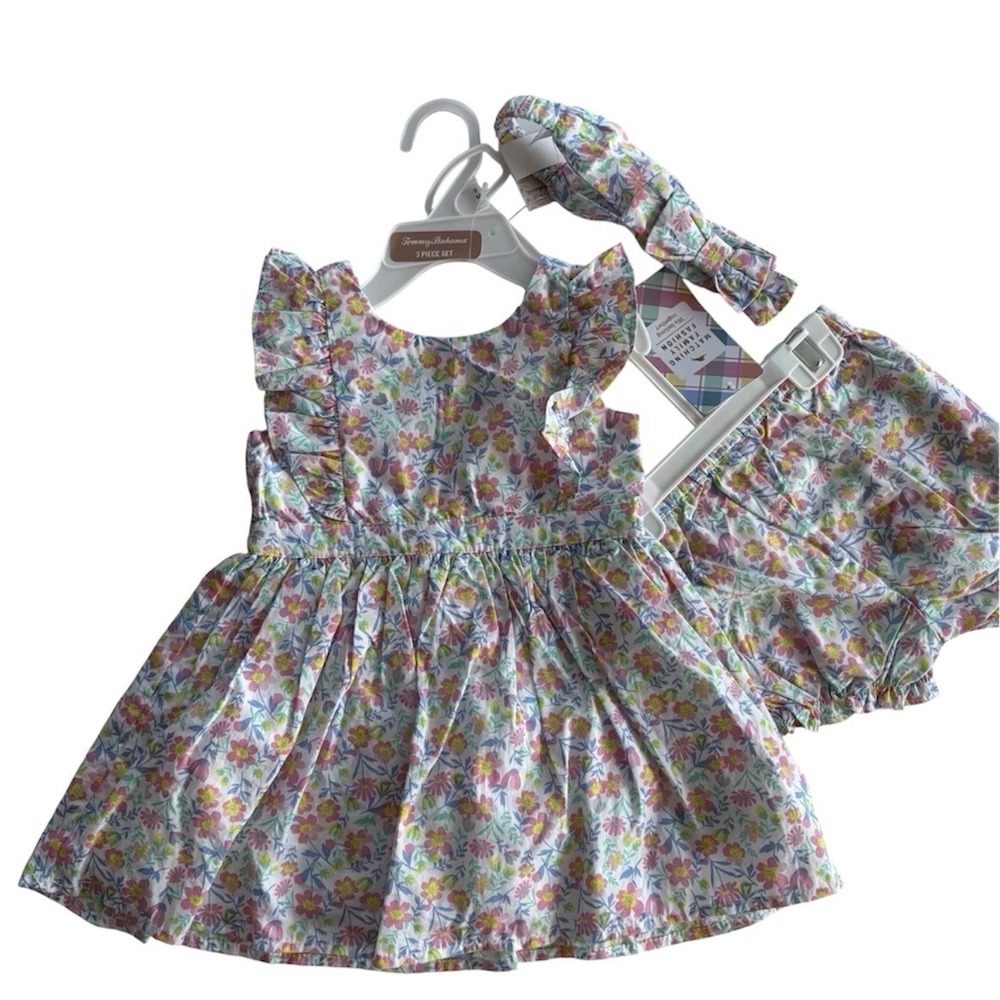 Tommy Bahama Floral 3‎ Piece Pinafore Dress Set Headband Bloomers Baby Girl 6-9M